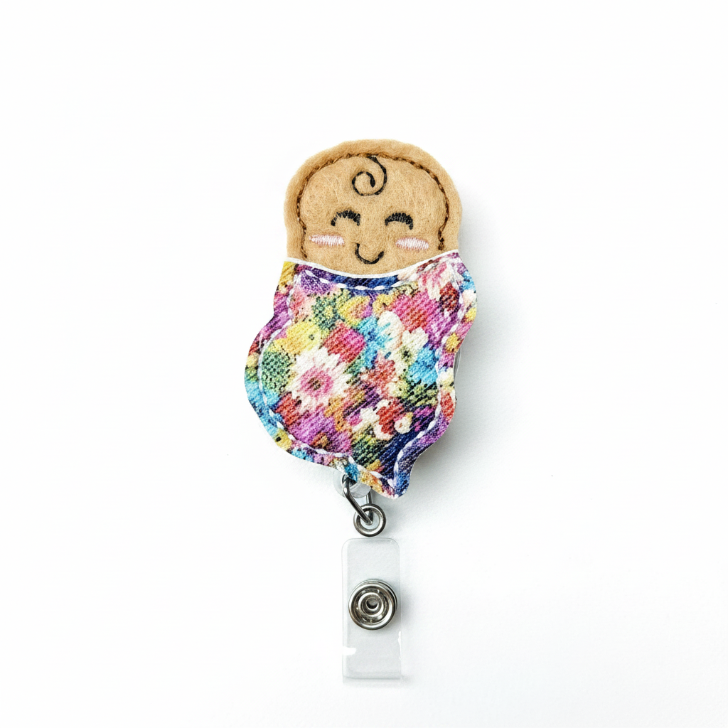 Floral Baby Badge Reel - handmade cute nurse gift white background