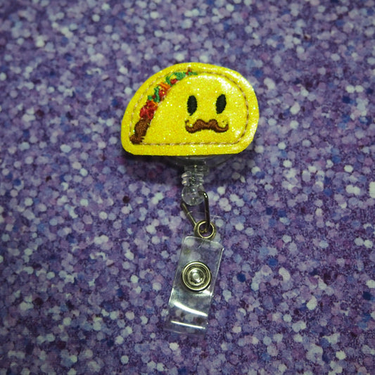 Taco Badge Reel Clip ID Holder Retractable | Badge Reel Badge Buddy Badge Reel ID Reel Taco with Mustache Mexican Food Lover Glitter