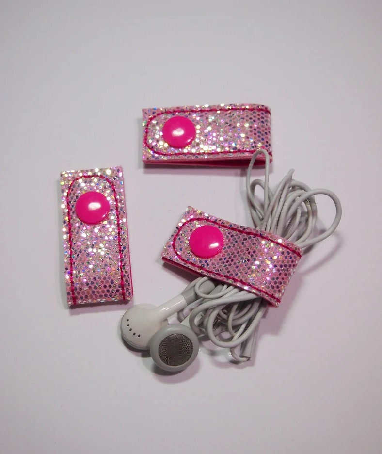 You Pick Cord Holder Wrap Earbud Organizer iPhone Charger Cord Keeper Holder Headphone Glitter Mermaid scale geo Shimmer Pink Silver